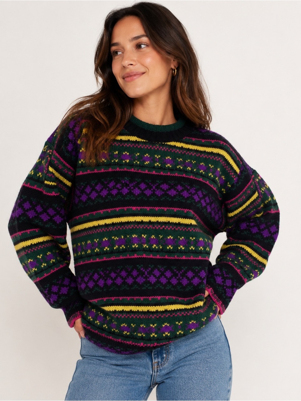 United Colors Of Benetton Fair Isle Crewneck Sweater in Black, Purple & Green